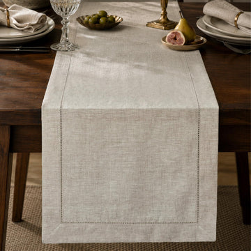 100% Pure French Linen Table Runner 108 Inches Long, Natural Hemstitch Tablecloth with Mitered Corners, Crease-Free