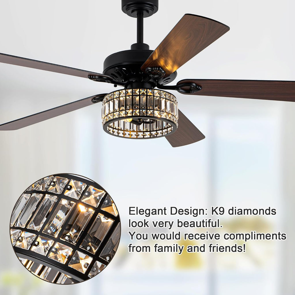 60 Inch Crystal Chandelier Ceiling Fans with Lights Black Large Modern Ceiling Fans Quiet and Reversible DC Motor 6