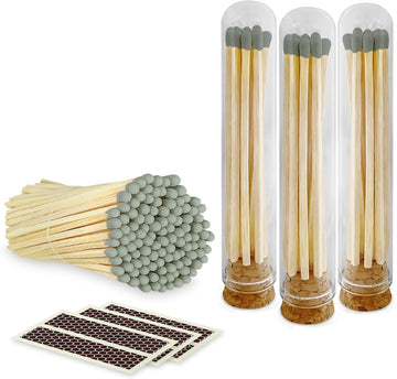Decorative Matches in Mini Match Cloche Glass Jar Set | 4" Gray Long Matches (100 match sticks) + 3 Cork Top Dome - Set of 3