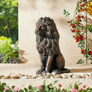 24"BronzeLion Garden Statue,Large Sitting Lion Sculpture With Weighted Base,Regal Entrance Guardian For Front