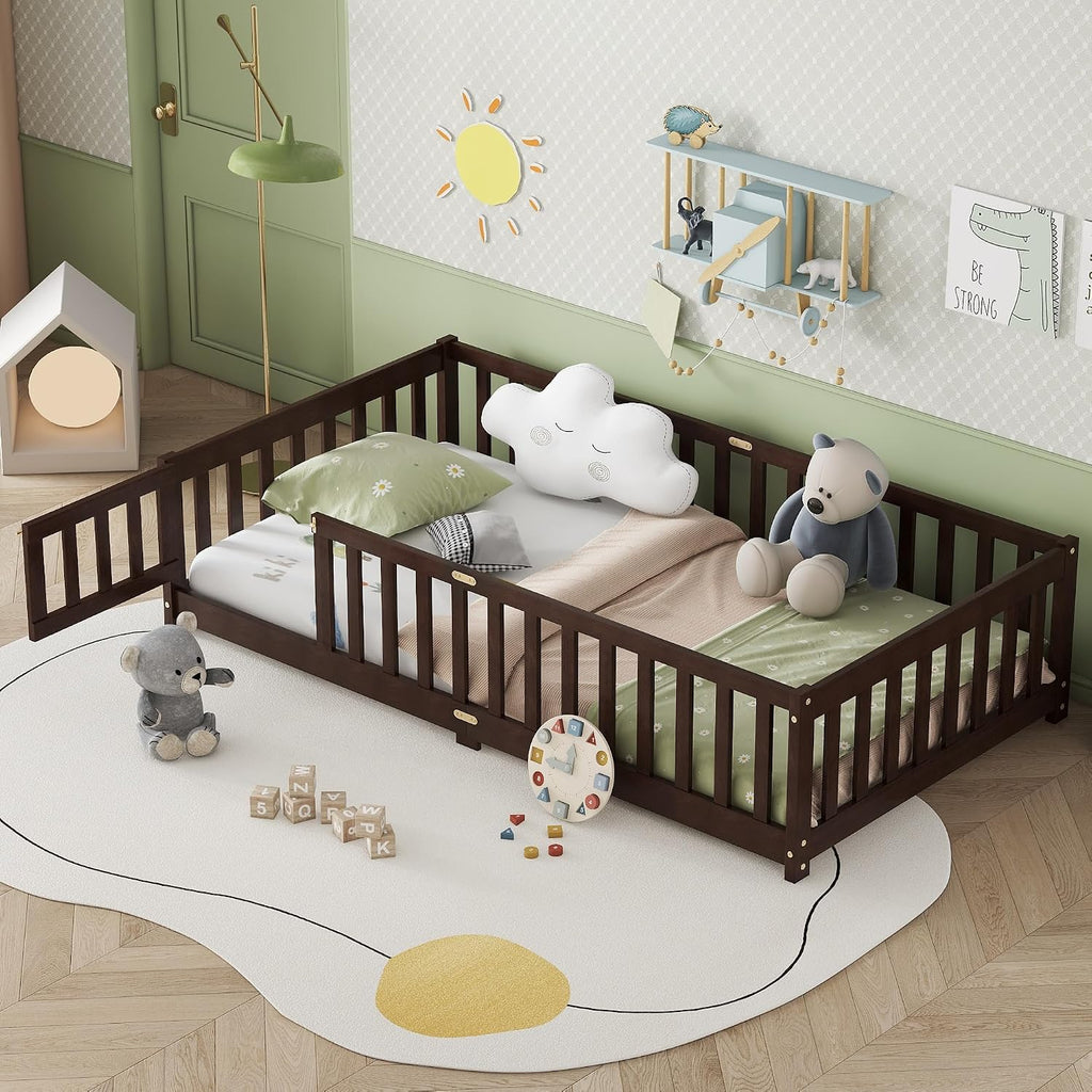 Twin Floor Bed with Fence & Slats, Rubber Wood Montessori Floor Bed Frame with Full-Length Guardrails & Removable
