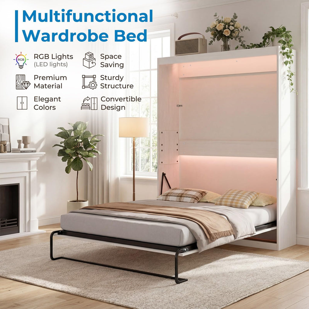 Full Murphy Bed, Cabinet Wall Beds, Modern Vertical Murphy Chest Beds with Durable Gas-Lift, Space-Saving Hidden