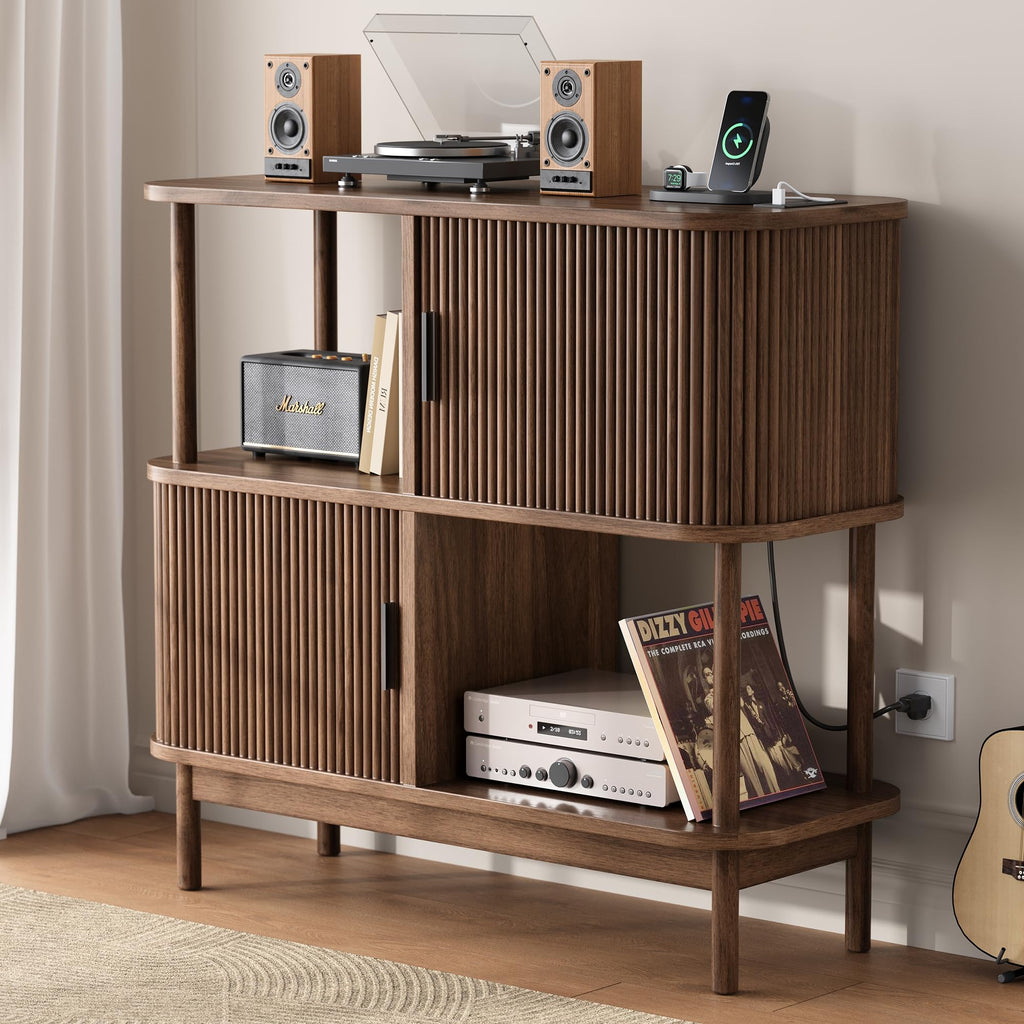 40" Large Record Player Stand with Charging Station, Mid Century Modern Turntable Cabinet with Sliding Doors, Wood