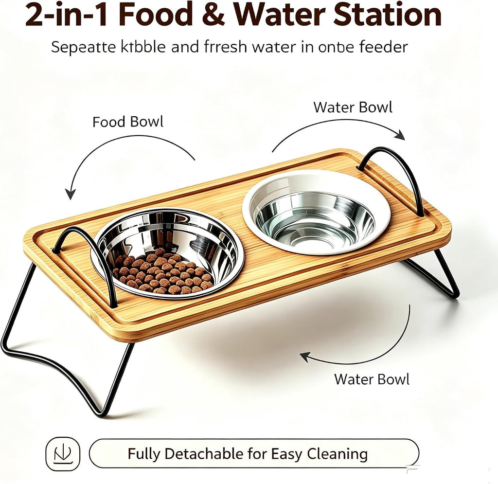 Dog Bowls elevatedRaised and Cat Food Bowl Stand, Elevated Bamboo Pet Feeder with 2 Removable Stainless Steel Bowls