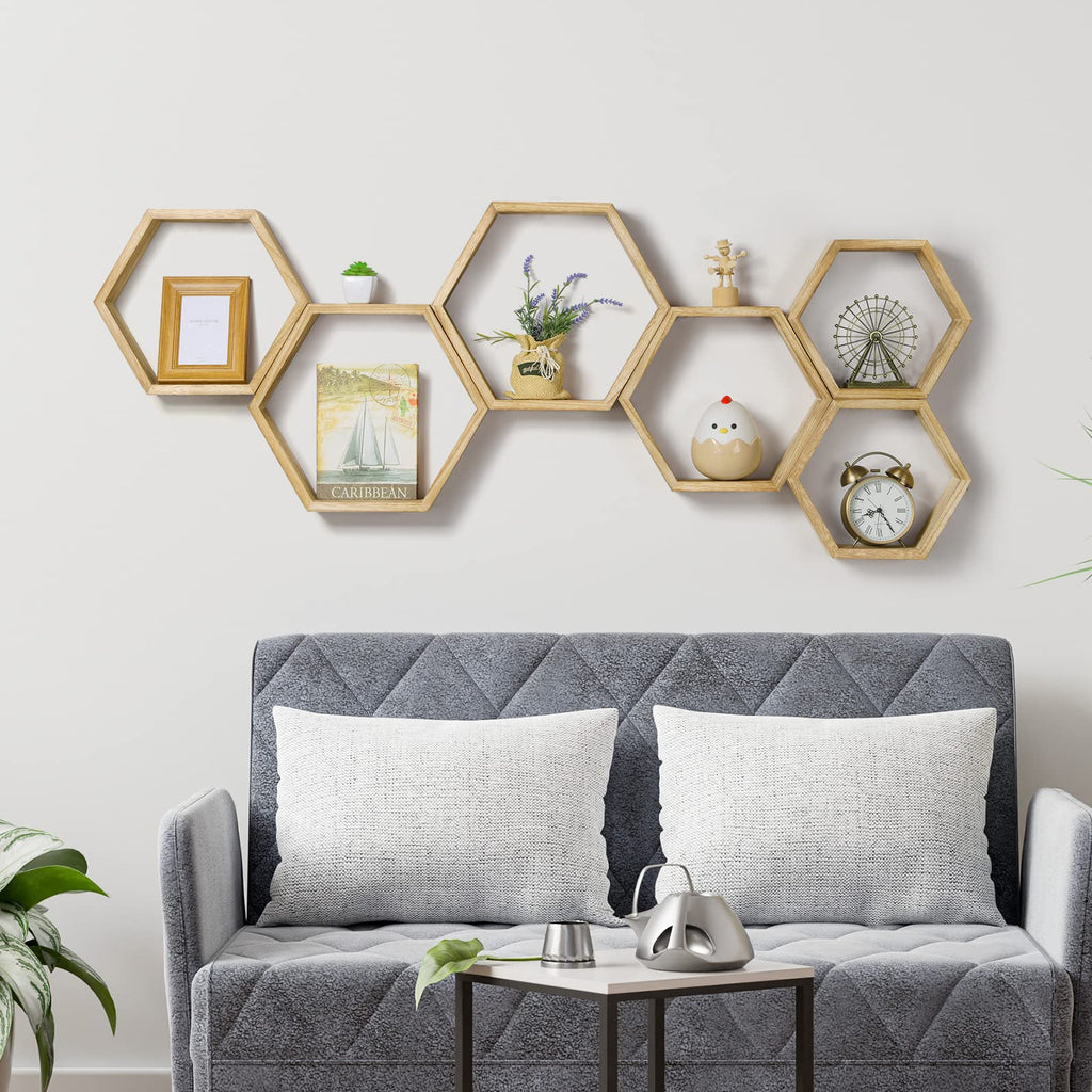 Hexagon Floating Shelves Set of 6, Honeycomb Wall Shelf, Light Brown