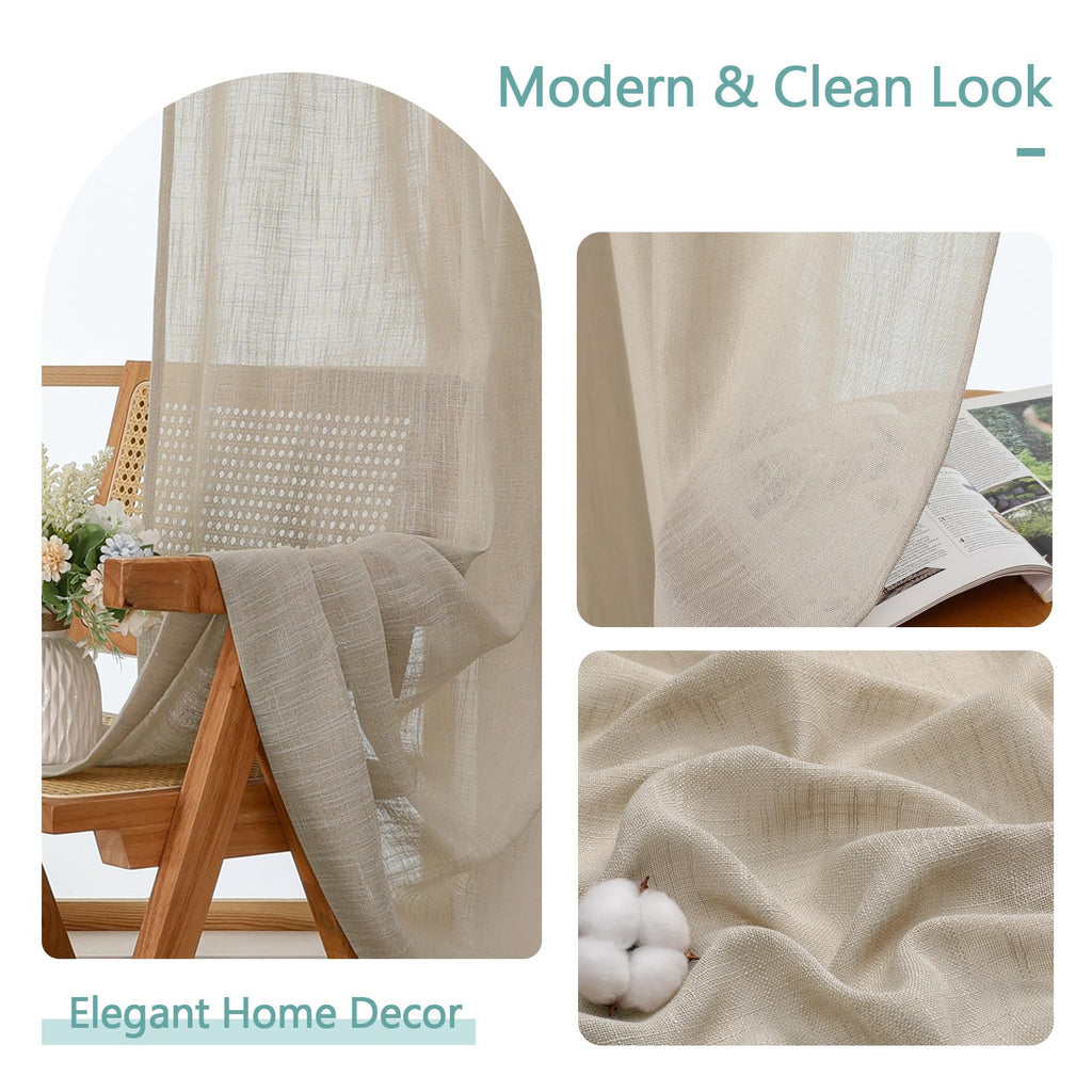 Extra Long Semi Sheer Curtains 108 Inches Long 2 Panels Set, Light Filtering Faux Linen Slub Textured Burlap Drapes