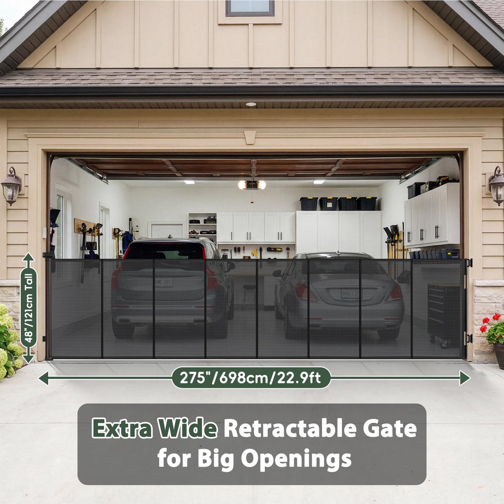275" Retractable Baby Gates Extra Wide Driveway Gate Garage Fence, Black