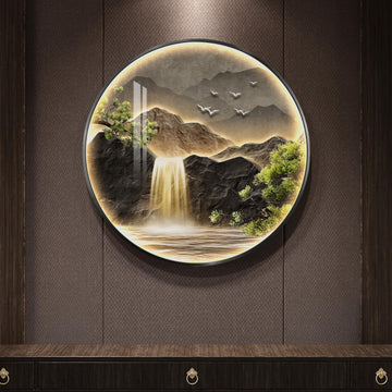 Framed LED Mountain Waterfall Wall Art, Round 30x30 Inch