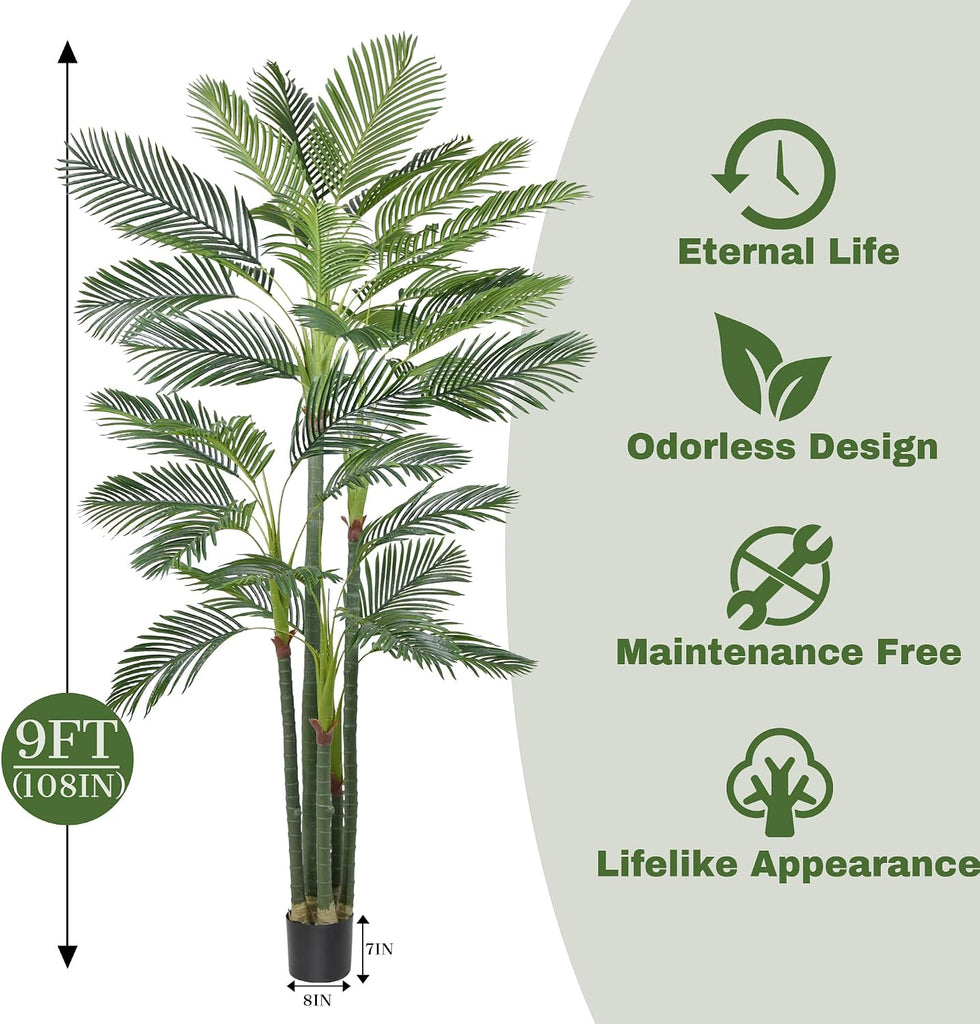 Palm Tree 9FT(108in) Tall Faux Tree with Large Trunks and 35 Realistic Leaves, Fake Tropical Floor Potted Artificial