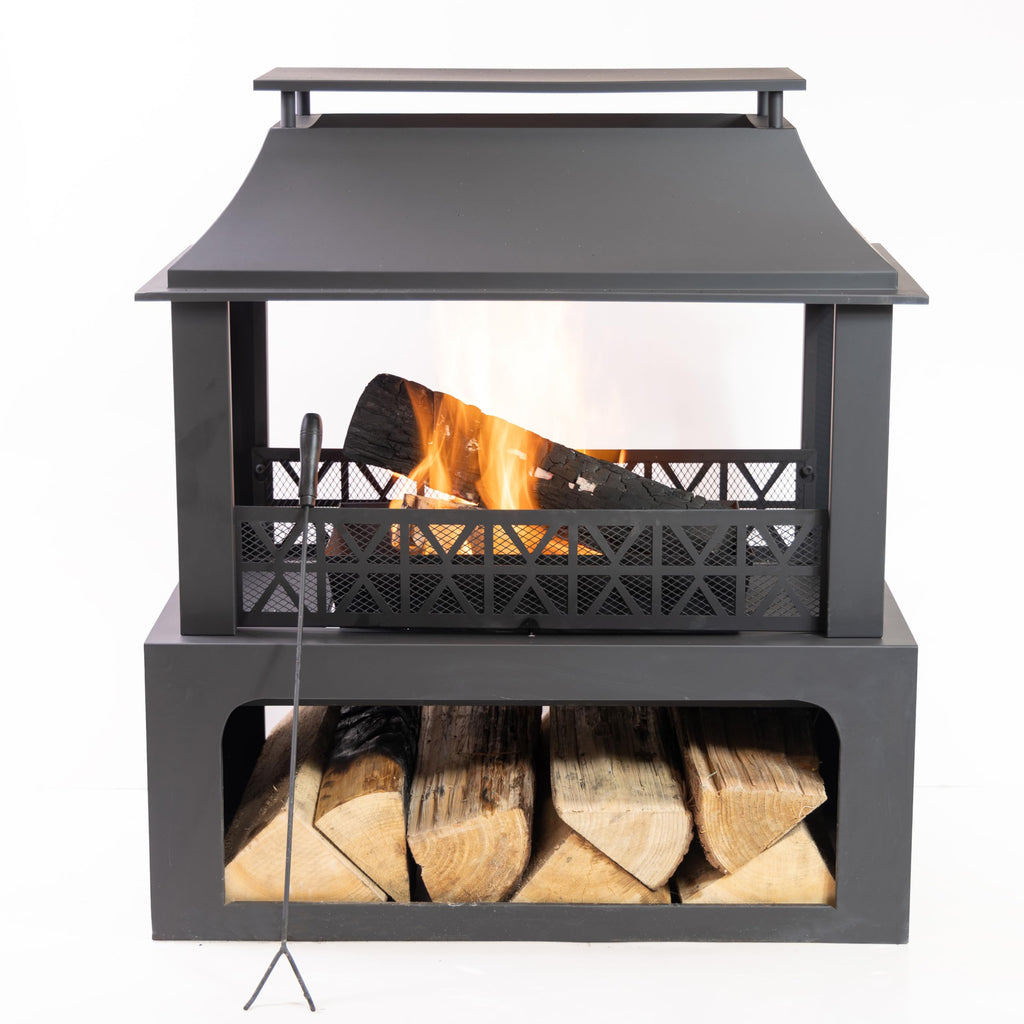 36" Rectangular Steel Outdoor Wood Burning Fireplace - Outdoor Fireplace with Adjustable Cooking Grill & Log Storage
