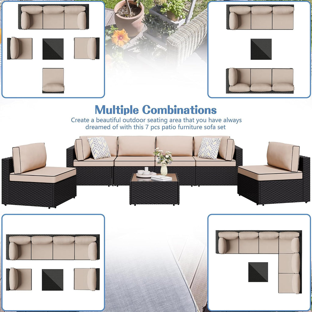 7 Pieces Outdoor Patio Sectional Sofa Couch, Wicker Furniture Conversation Sets with Washable Cushions & Glass Coffee