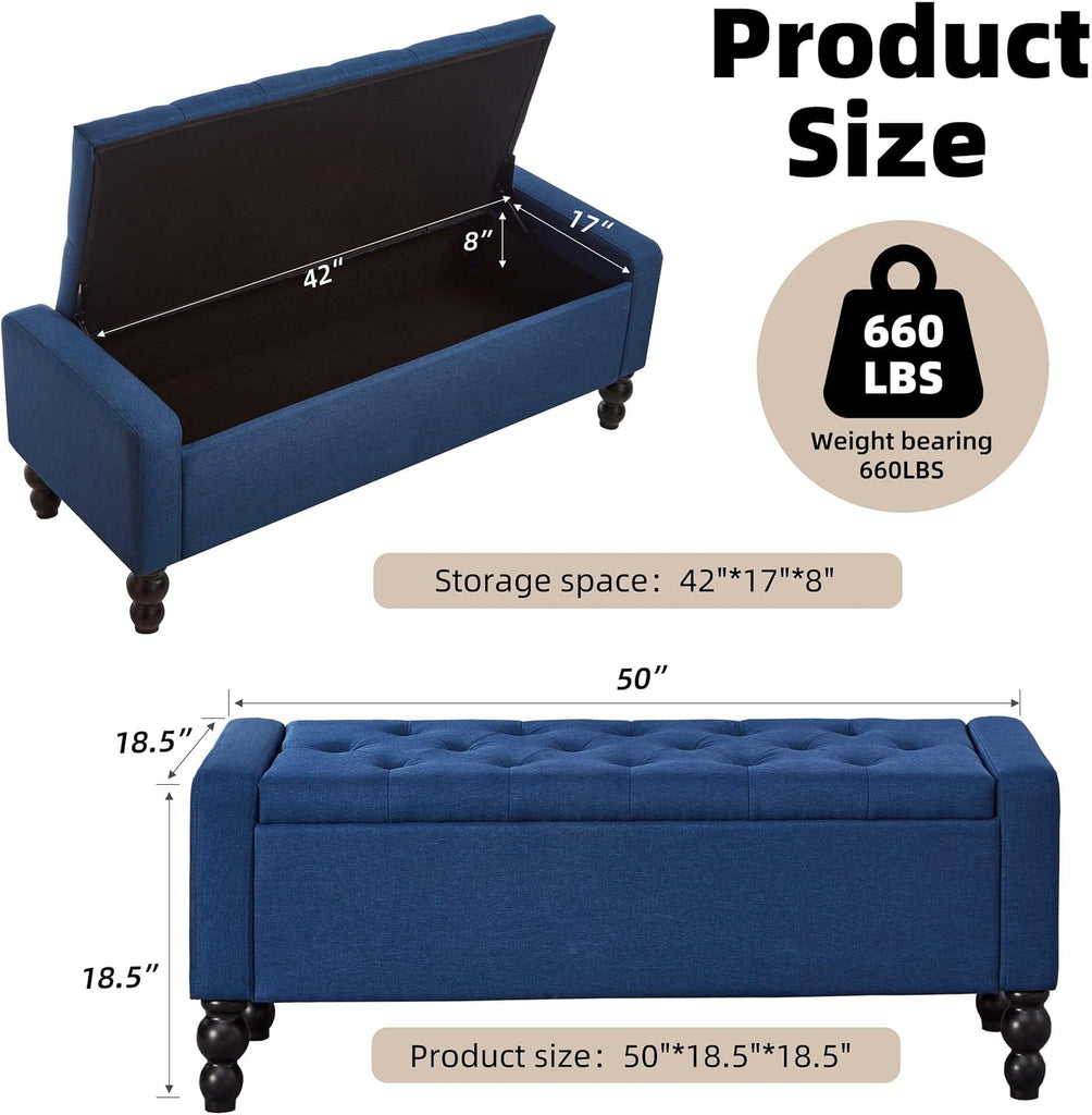 50" W Storage Ottoman Bench with Safety Hinge, Load up to 660 lb Ottoman with Storage, Upholstered Tufted Entryway