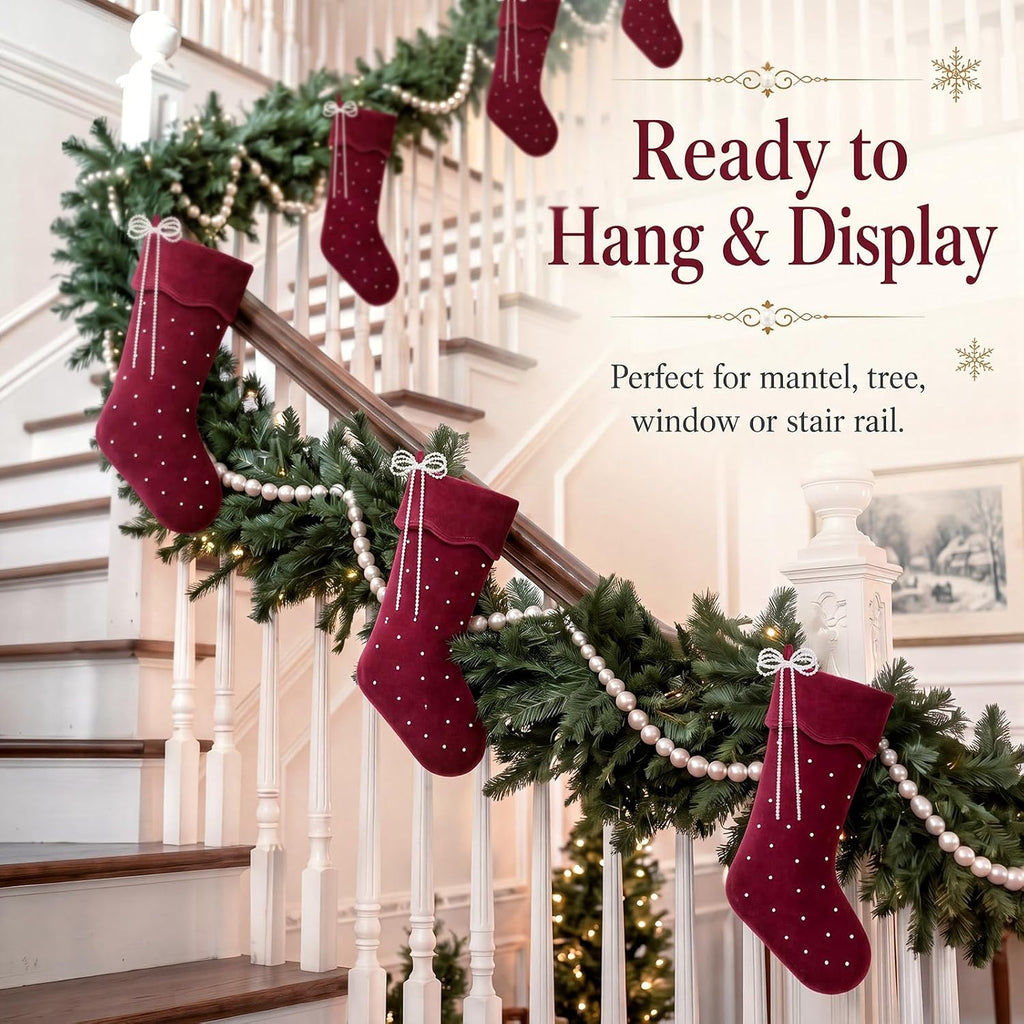 Inch Red Velvet Christmas Stockings with Pearl, Bow - Set of 2
