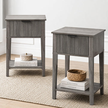 Weathered Gray 15.4" Wide Small Nightstand 2-Pack, Drawer Shelf, Fluted