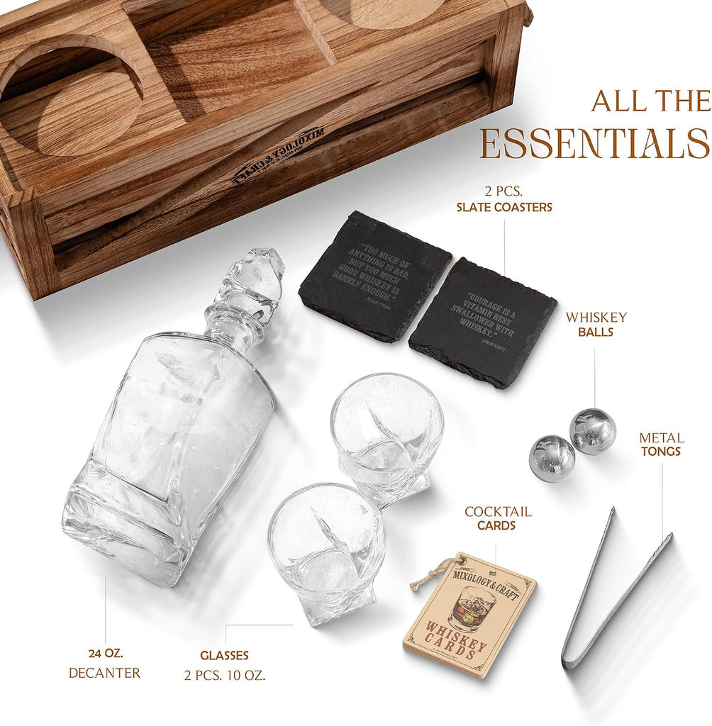 Crystal Whiskey Decanter Set 24oz With Glasses & Chilling Stones - Features Stainless Steel Whiskey Balls, Slate