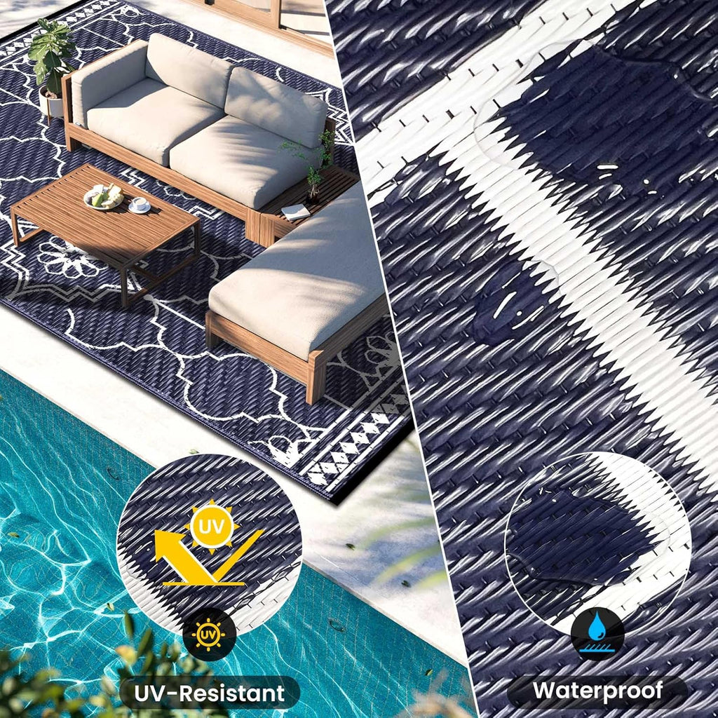 Lighted Outdoor Rug 8x10 ft, Solar Powered Patio Rug with 113 LED Lights, Waterproof Plastic Reversible Outdoor Straw