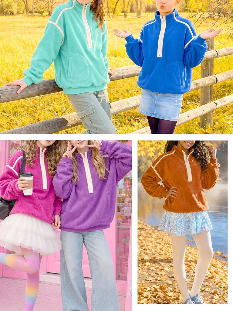 Girls Sherpa Fleece Top Fuzzy Half Zip Pullover Sweatshirt 2026 Warm Fall Winter Outfits Long Sleeve Pockets Coats