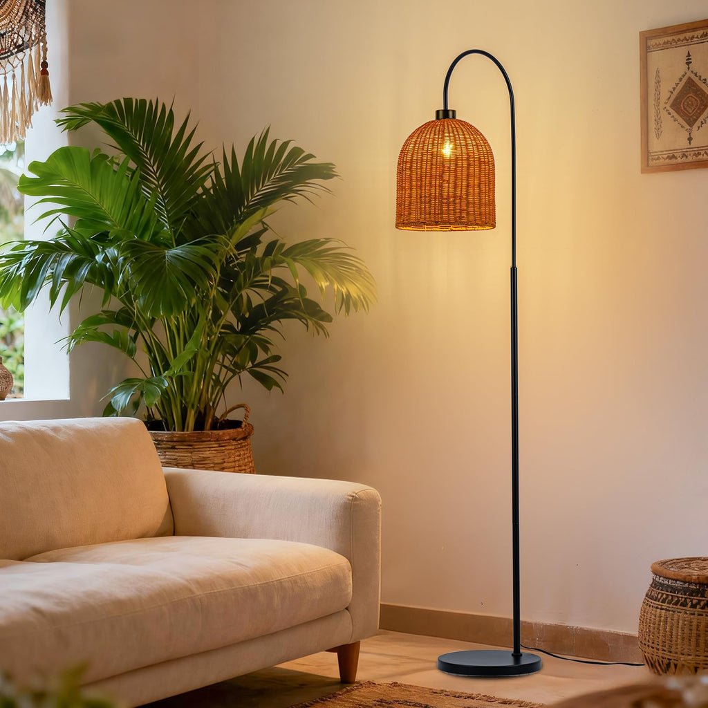 Black Arc Floor Lamp with Handwoven Rattan Shades