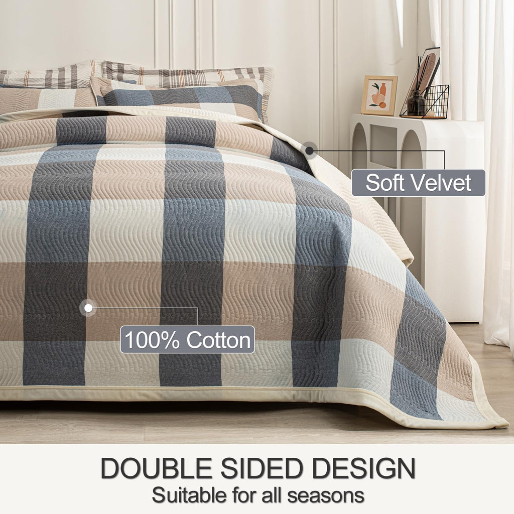 Cotton Plaid Quilt Set, Ultra Soft 3 Pieces Bedding with 2 Pillow Shams, Lightweight Reversible Coverlet
