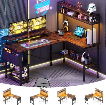 L Shaped Gaming Desk with Power Outlets & LED Lights, Rustic Brown | Small L- Shaped Desk Computer Corner Desk with