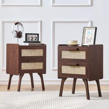 Rattan Nightstands Set of 2, 2 Drawers