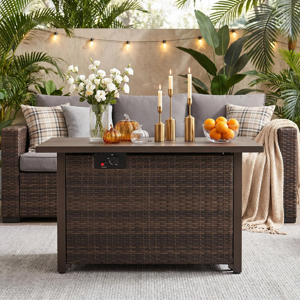 42in Propane Fire Pit 50, 000 BTU Gas Fire Pit Table Rectangle Gas, Outdoor 3-in-1 Fire Table, Yard, Balcony Rattan