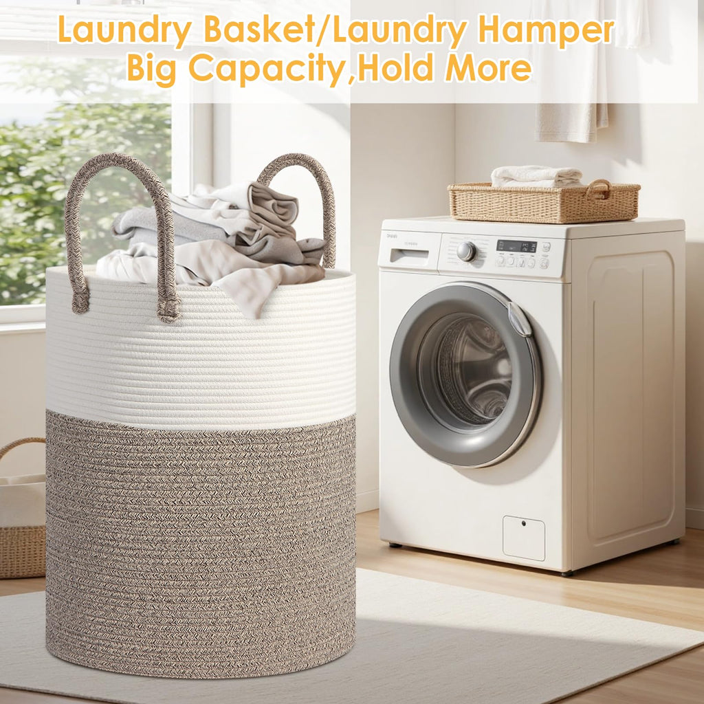 Large 60L Laundry Basket Hamper, Woven Cotton Rope Basket with Handles, Blanket Basket , Baby Nursery, Bedroom &
