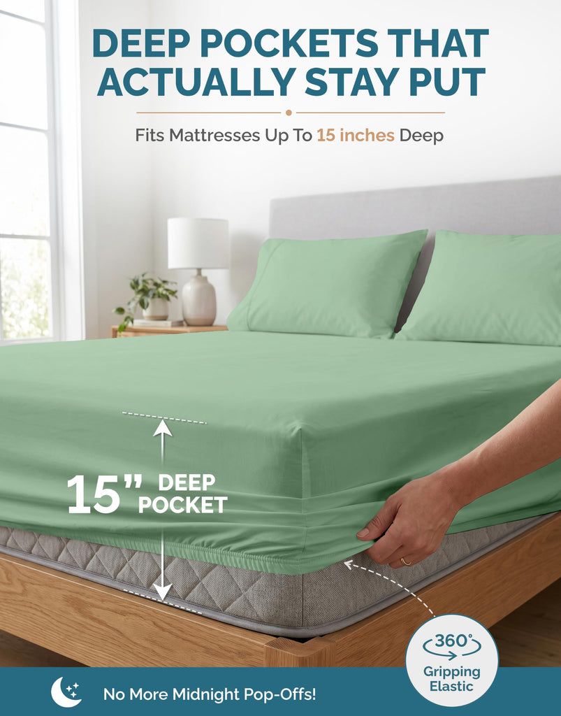Queen Bed Sheets - 100% Cotton Sheets with 4 Pillowcases, Crisp Percale Weave & Cozy Feel, Cooling & Breathable Queen