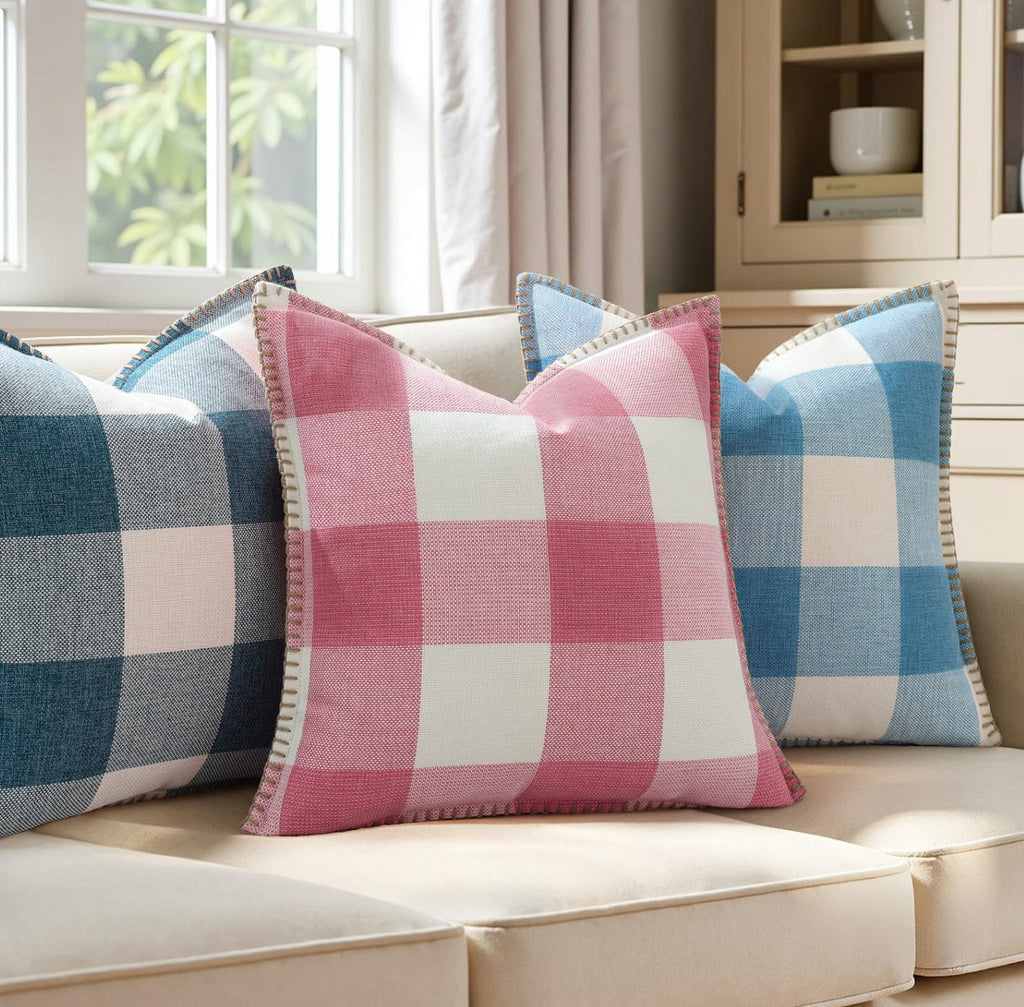 Fall Plaid Linen Throw Pillow Covers 24x24 Set of 2 Dusty Pink