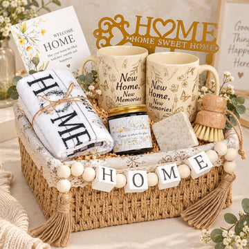 Housewarming Gifts New Home, New Home Gift Basket owners, Cozy House Warming Gift Set with Mugs, Kitchen Towels & Key
