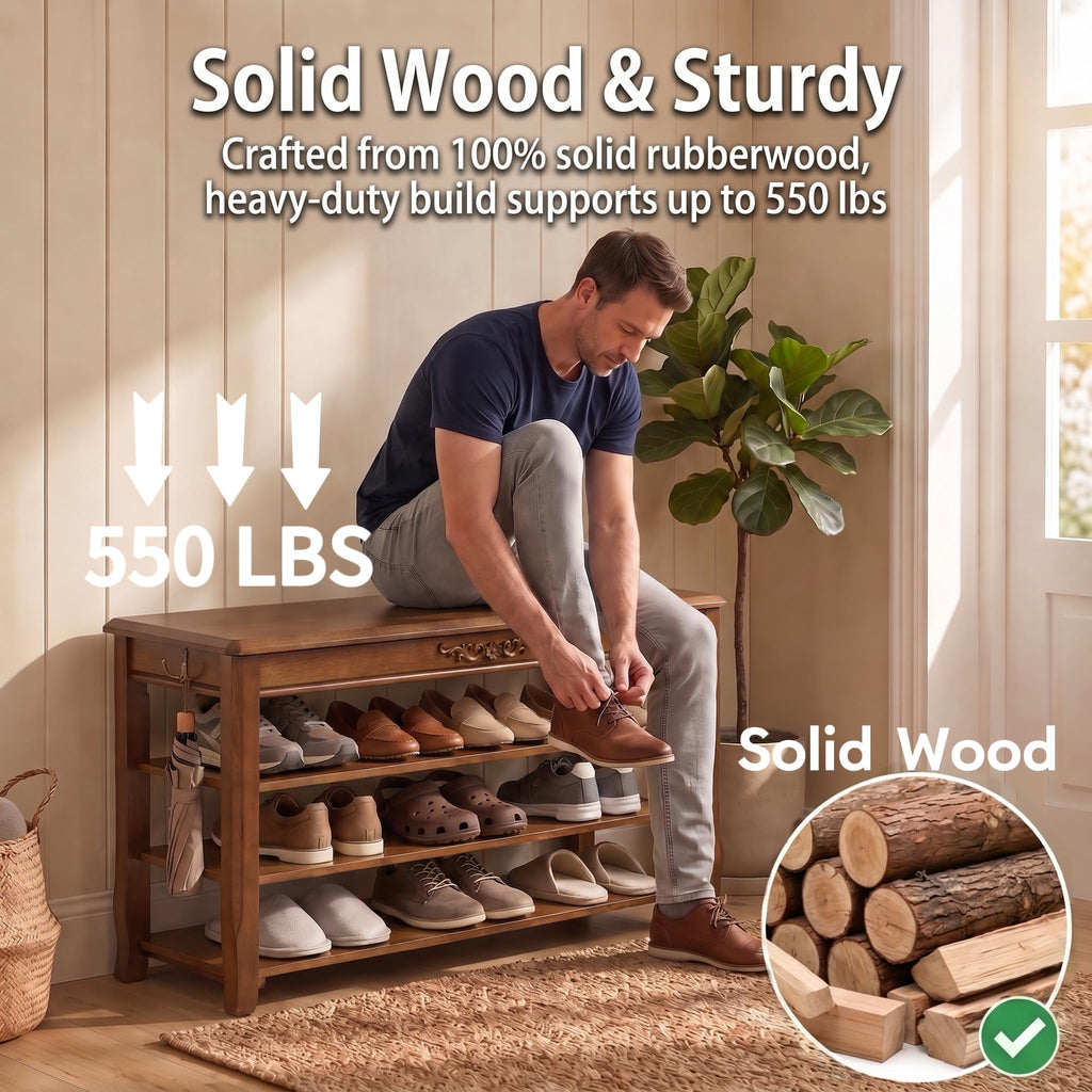 Shoe Rack Bench with Storage 3 Tier Solid Wood Entryway Shoe Rack 39.4"
