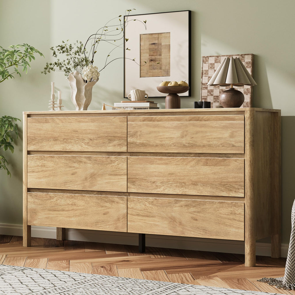 Oak 6 Drawer Dresser, 55" Wide Modern Wood Dresser