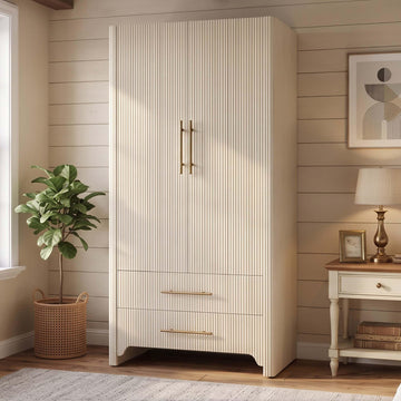 Solid Wood Armoire Wardrobe Closet, Wave Panel Closet with Drawers White