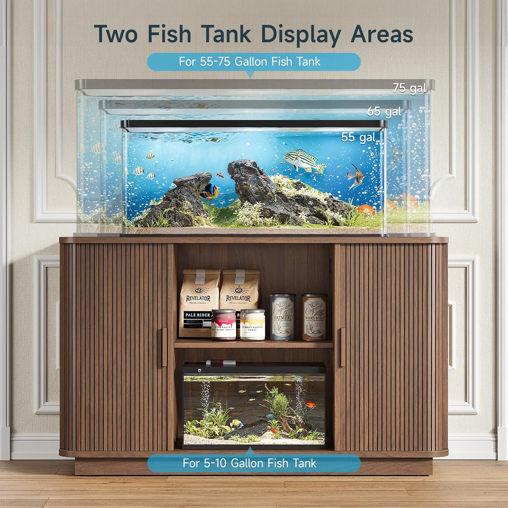 55-75 Gallon Fish Tank Stand with Power Outlet, Fluted Sliding Door