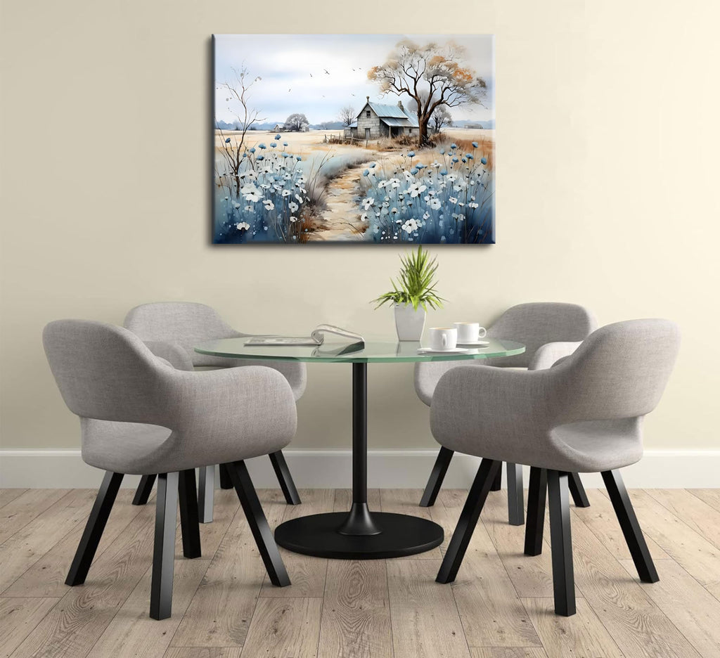 Framed Rustic Farmhouse Canvas Wall Art Beautiful Field Painting Wildflower Barn Print Nature Scenery Picture French