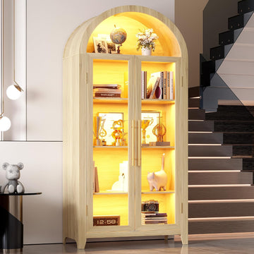 71" Arched Kitchen Pantry Storage Cabinet with Glass Doors | 5-Tier Display Cabinet for Collectibles, Tall Bookcase