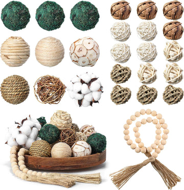 3.15 and 1.97 Inch Decorative Balls, 20.9 Inch Garland Wood Beads Rattan Wicker Balls with Spheres Orbs Filler - Set of 25