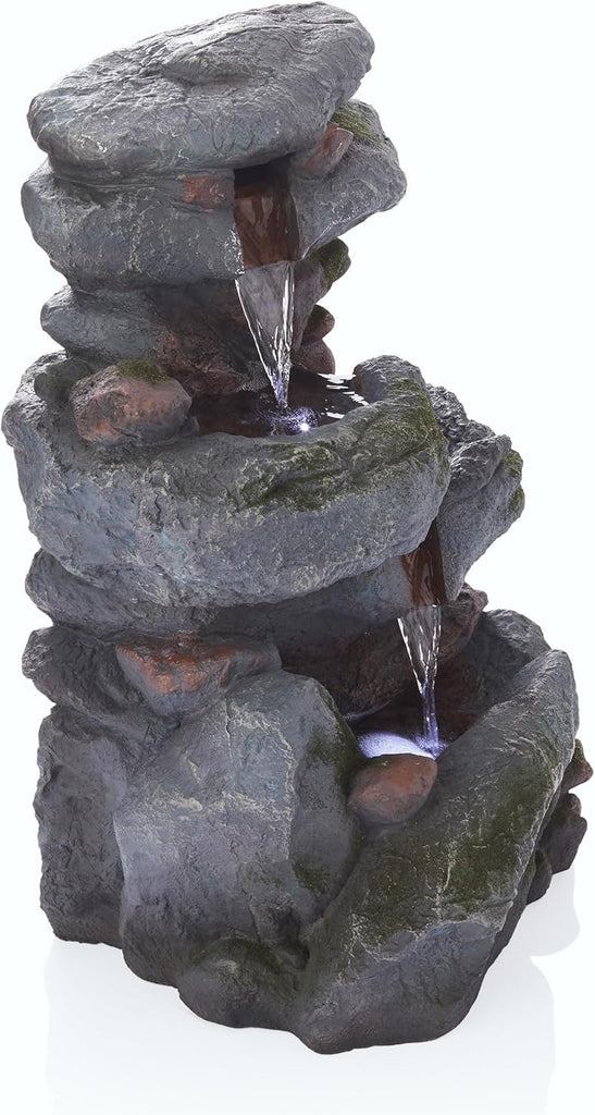 22" Tall 3-Tier Outdoor Rock Waterfall Fountain with LED Lights, Natural Stone Look Decor, Gray