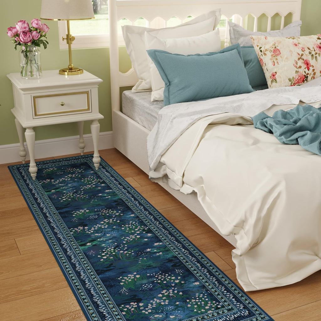 Runner Rug Washable Vintage Impressionist-Style, Blue