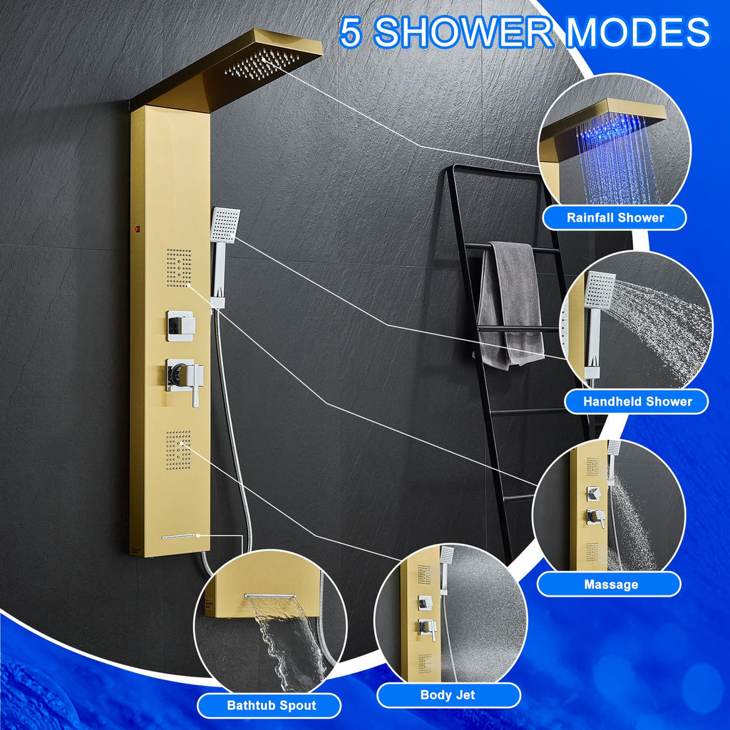5-in-1 LED Shower Panel Tower System Stainless Steel Gold