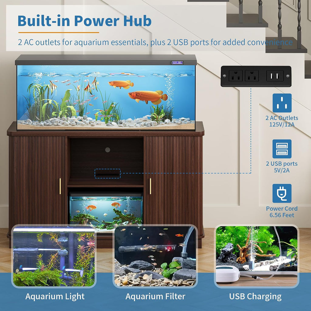55-75 Gallon Fish Tank Stand with Power Outlet, Mid Century Modern Aquarium Stand with Adjustable Shelves and Sliding