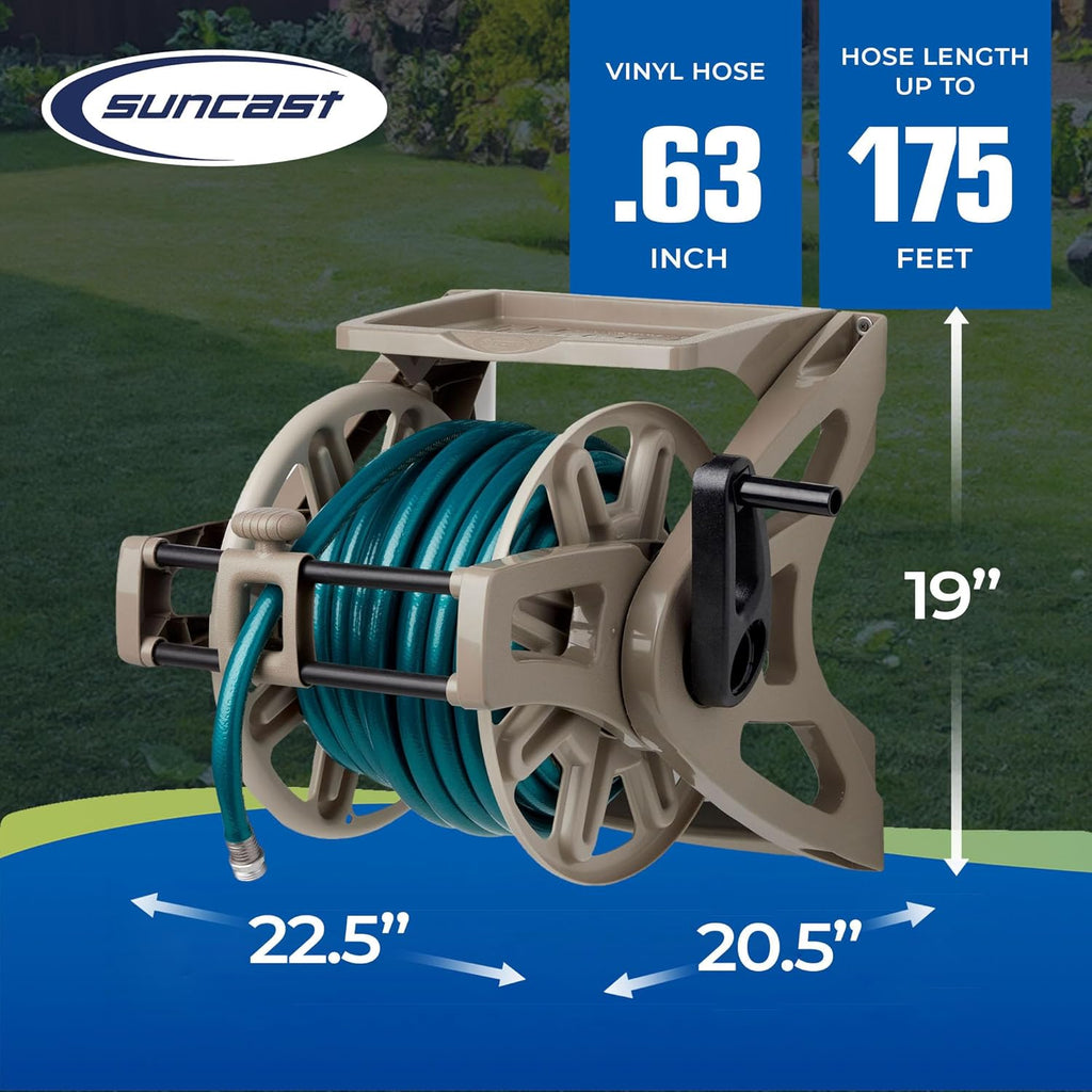 Slide Trak Garden Hose Reel, Wall-Mount Holder with Storage Tray, Dark Taupe - Outdoor Mounted Organizer for 175 Ft