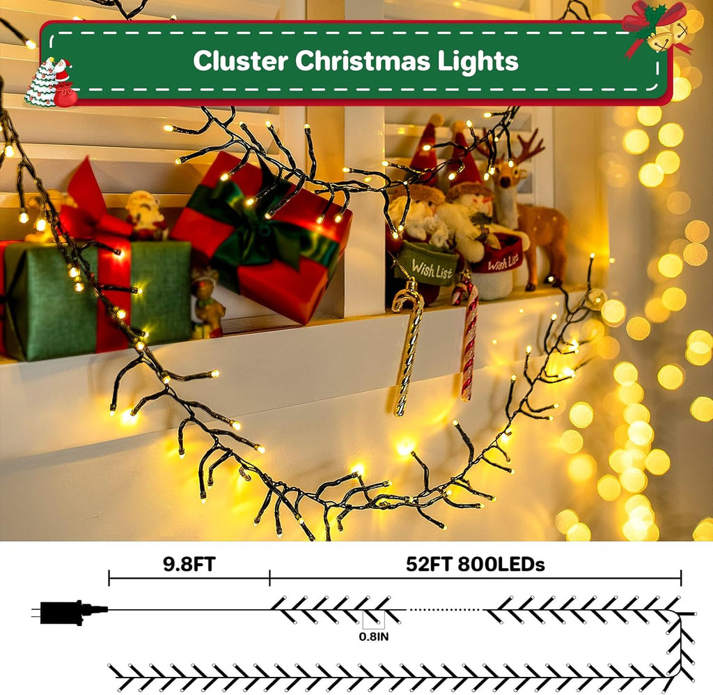 Lights Plug-in 52FT 800LEDs Cluster String Lights Indoor Outdoor