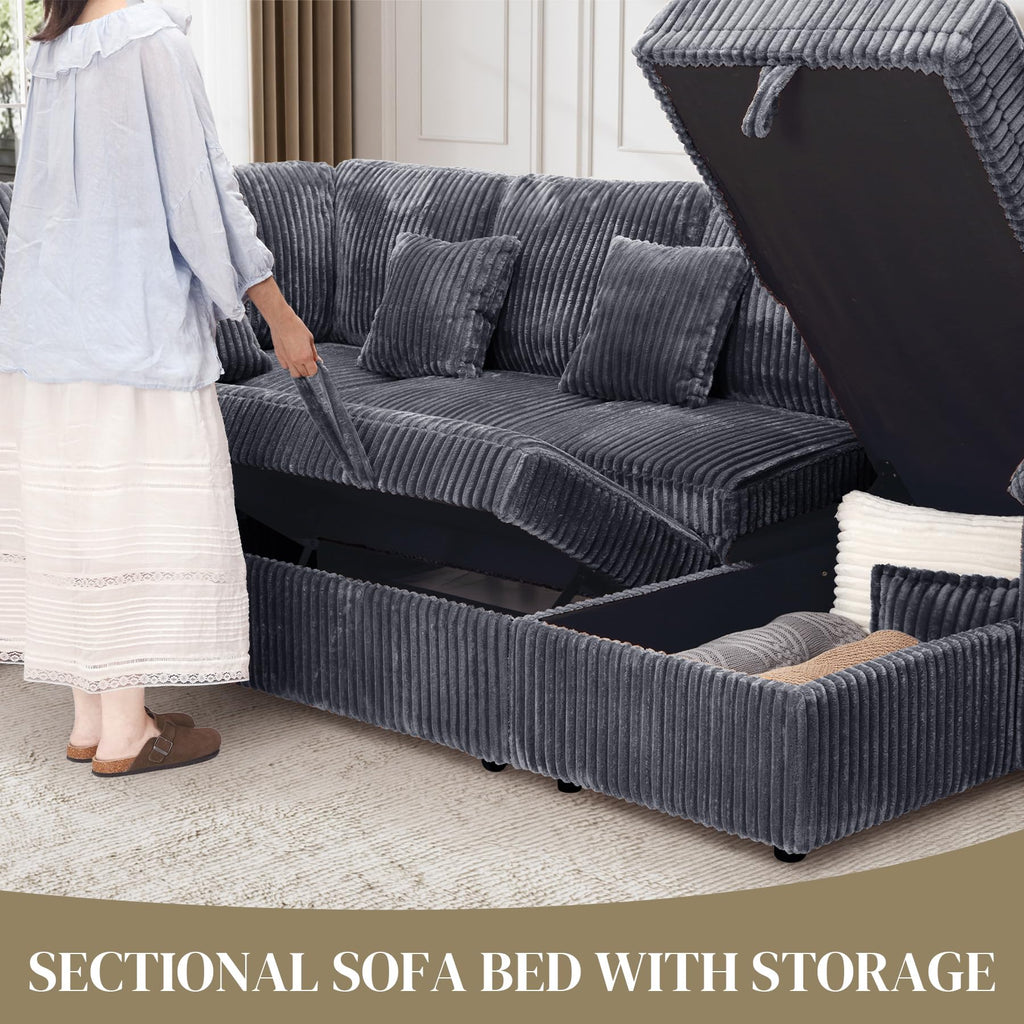 Sectional Sleeper Sofa, Fluffy Soft Corduroy Couch with Pull Out Bed and Storage Chaise, Modern Comfy U Shaped Couch