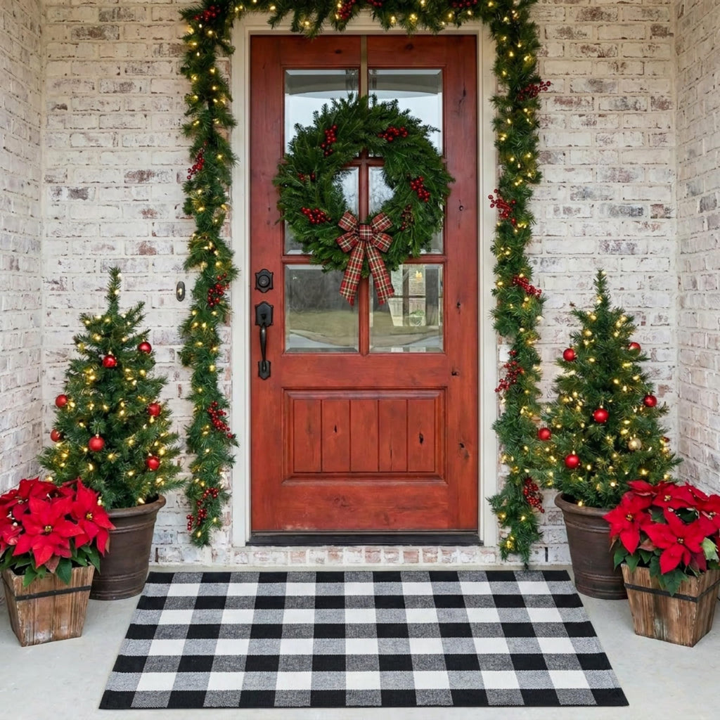 Fall Decor Cotton Buffalo Plaid Rug, 3' x 5' Black and White Outdoor Rug Front Door Decorative Mat, Washable Doormat