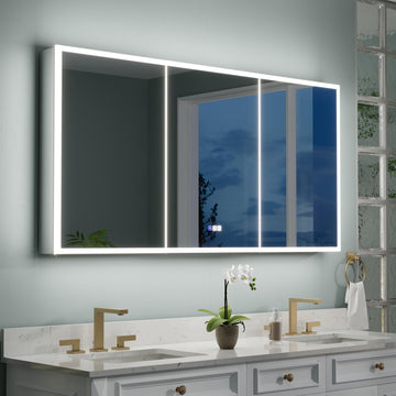 60" X 30" LED Mirrored Medicine Cabinet with Mirror, Three Opening Doors