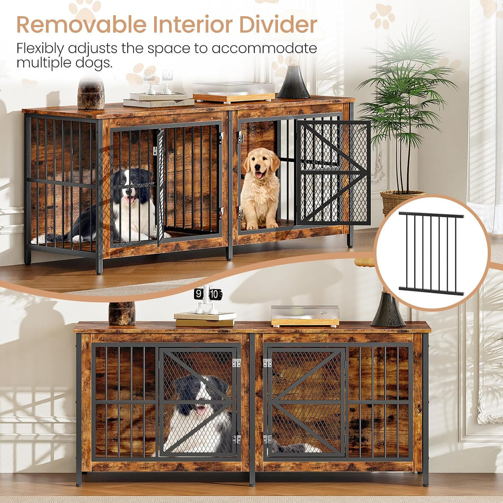 71" Double Dog Crate Furniture for 2 Dogs with Removable Divider