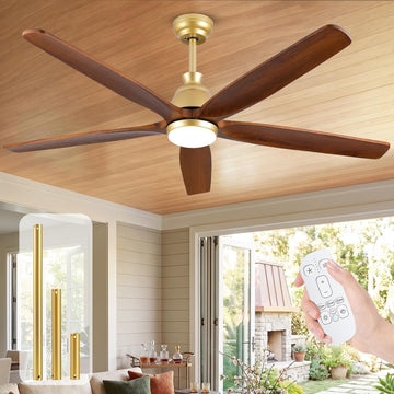 72 Inch Ceiling Fan with Light, Gold Brass Finish, 5 Solid Walnut Wood Blades, Remote, Quiet DC Motor for High Ceilings