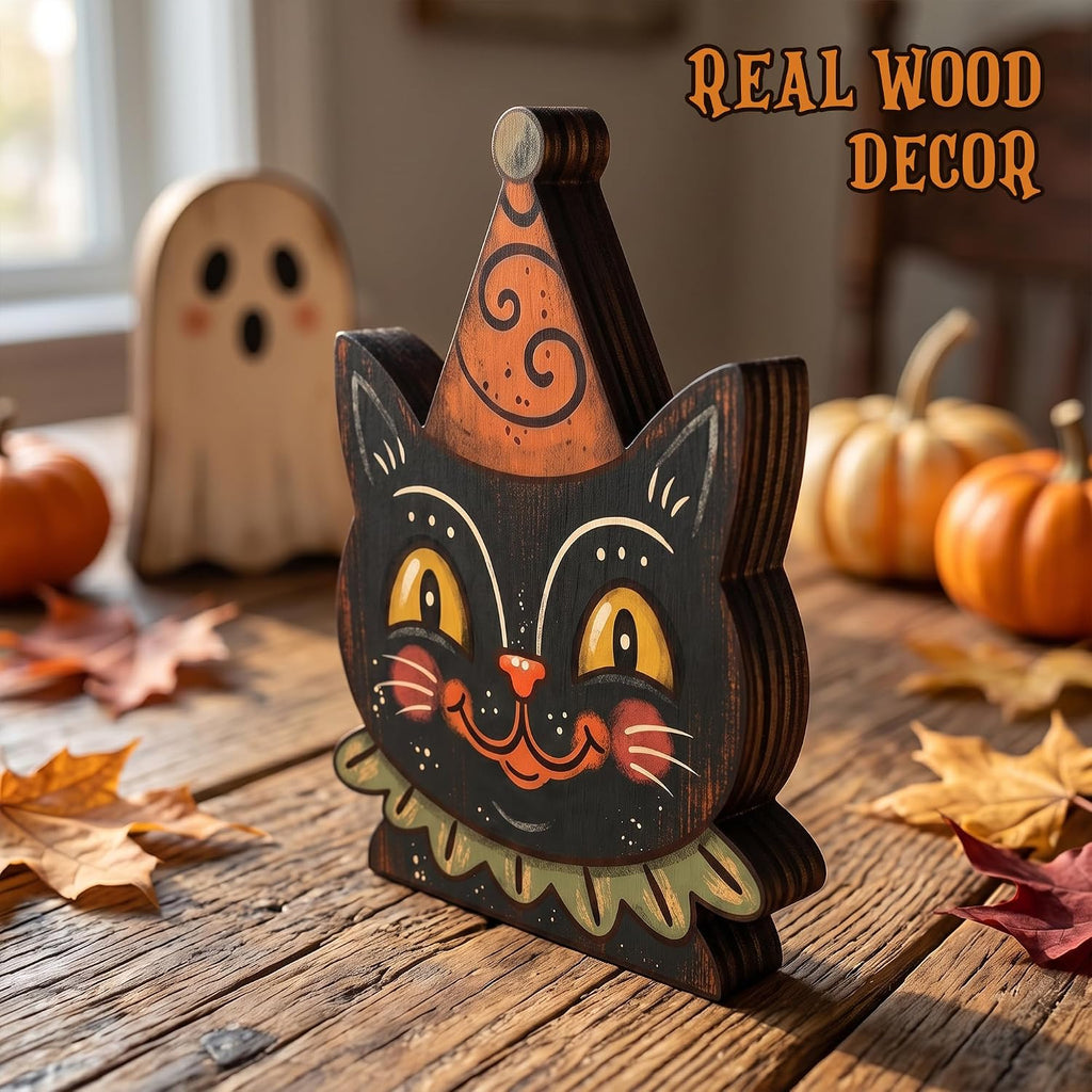 Wooden Halloween Decor Small Halloween Signs Indoor Decor Black Cat Pumpkin - Set of 3