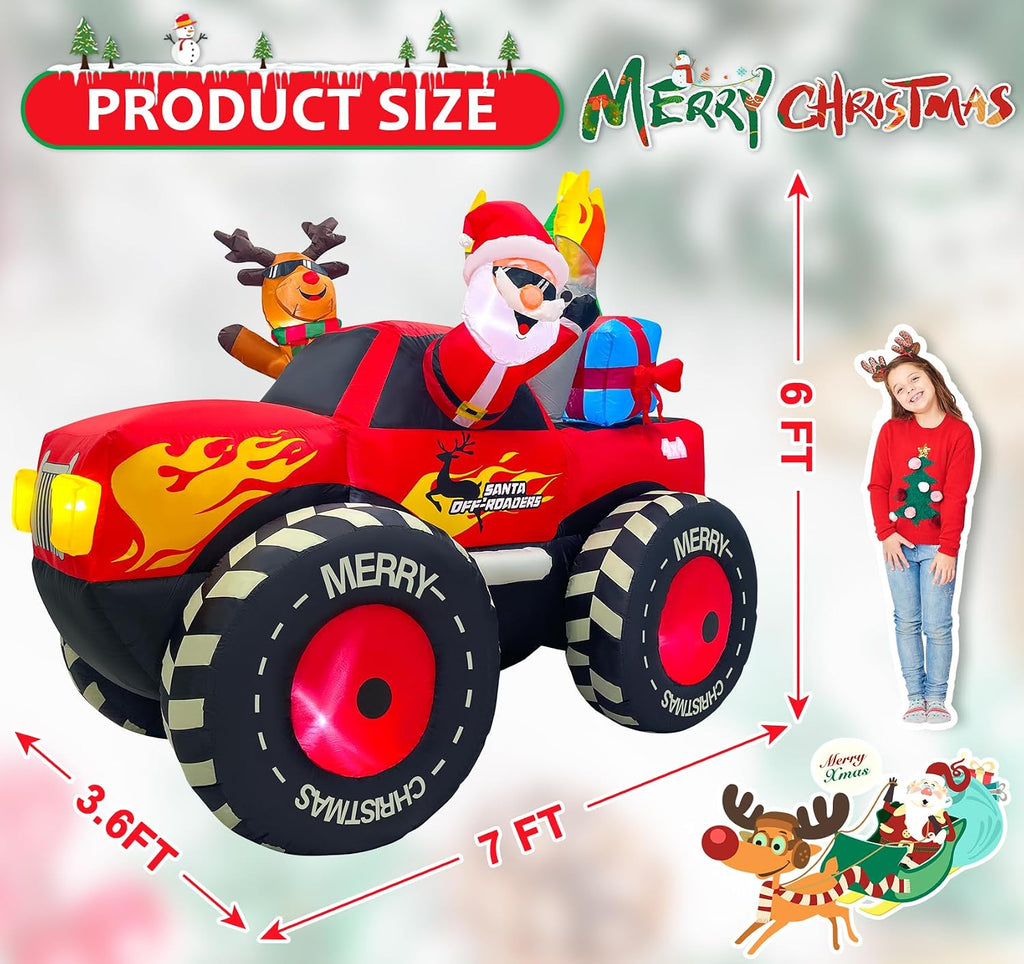 7FT Christmas Inflatable Outdoor Decoration, Inflatable Santa Claus & Reindeer on Monster Truck, Blow Up Yard